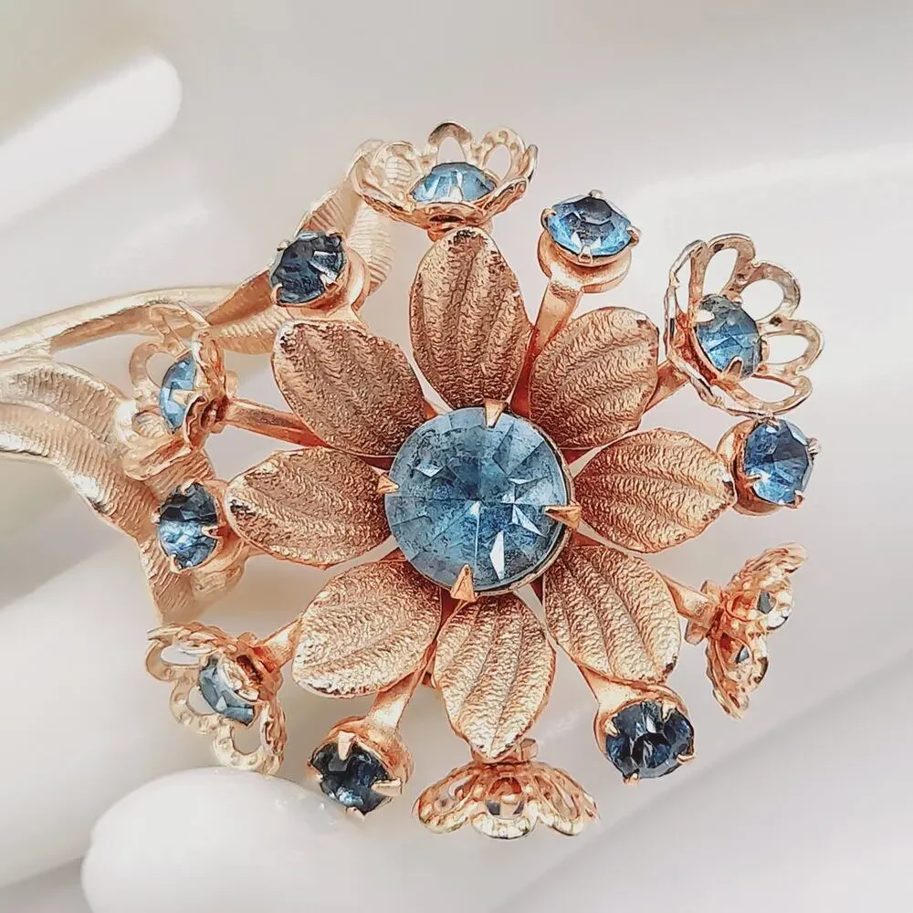 Vintage Blue Rhinestone Flower Brooch Gold Tone Floral Stem Pin